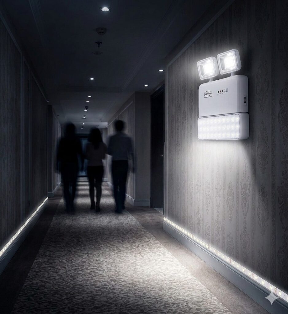 Iluminação de emergência LED instalada em corredor de edifício comercial.